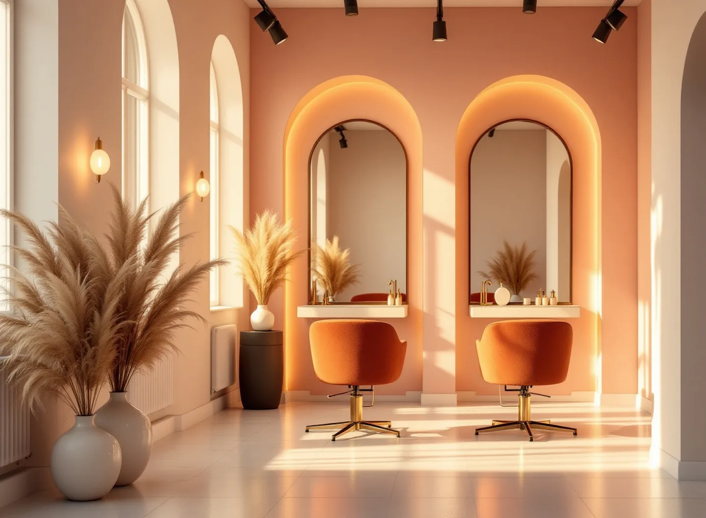 Atelier Nur salon içi, sıcak ışıkta kemerli aynalar ve terrakota koltuklar