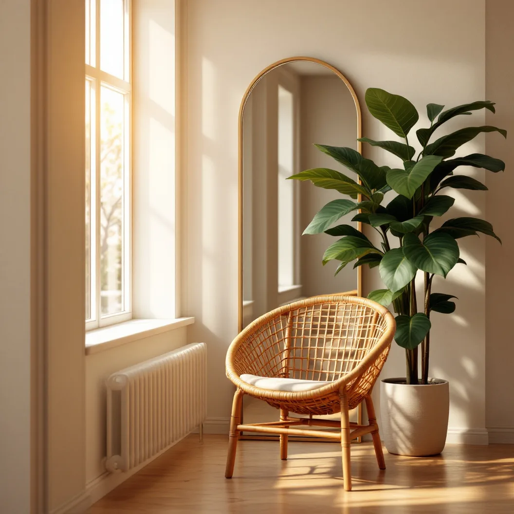 Rattan sandalye ve kemerli aynalı salon köşesi